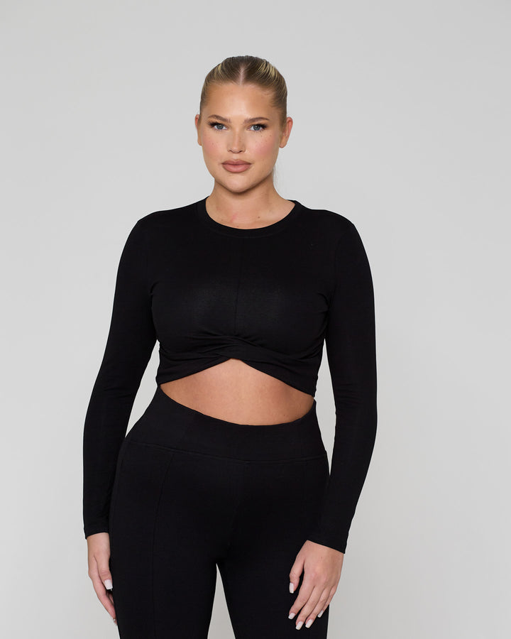 Knot Crop Long Sleeve Tee Black