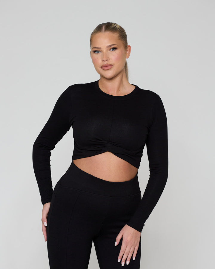 Knot Crop Long Sleeve Tee Black