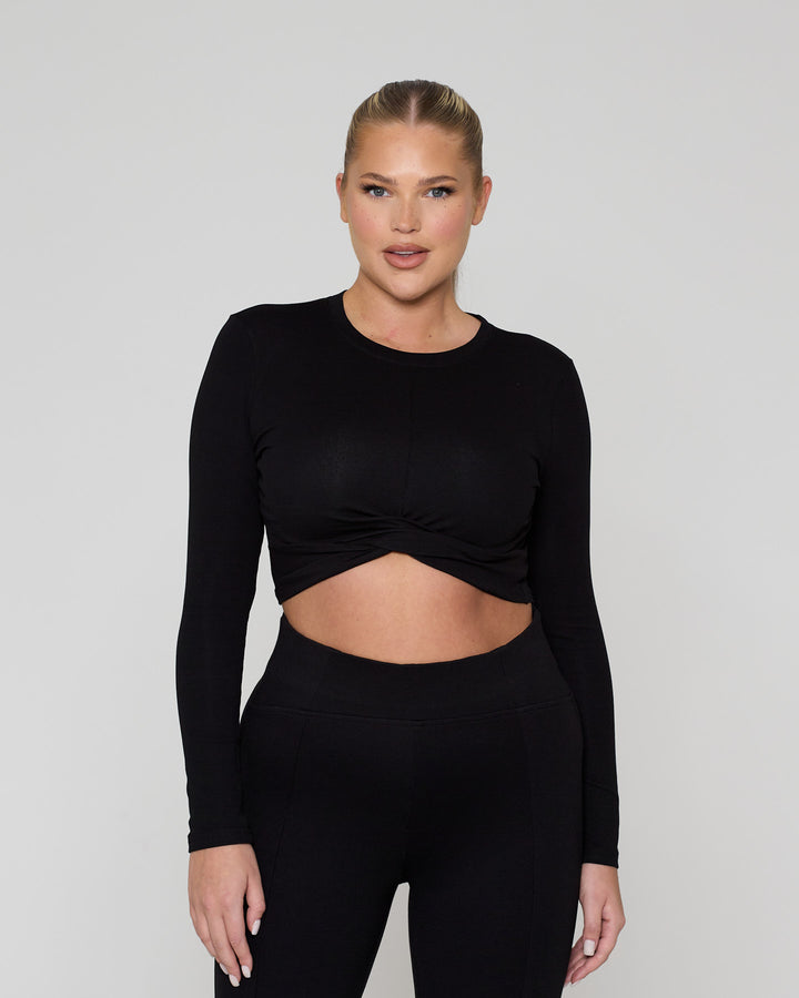 Knot Crop Long Sleeve Tee Black