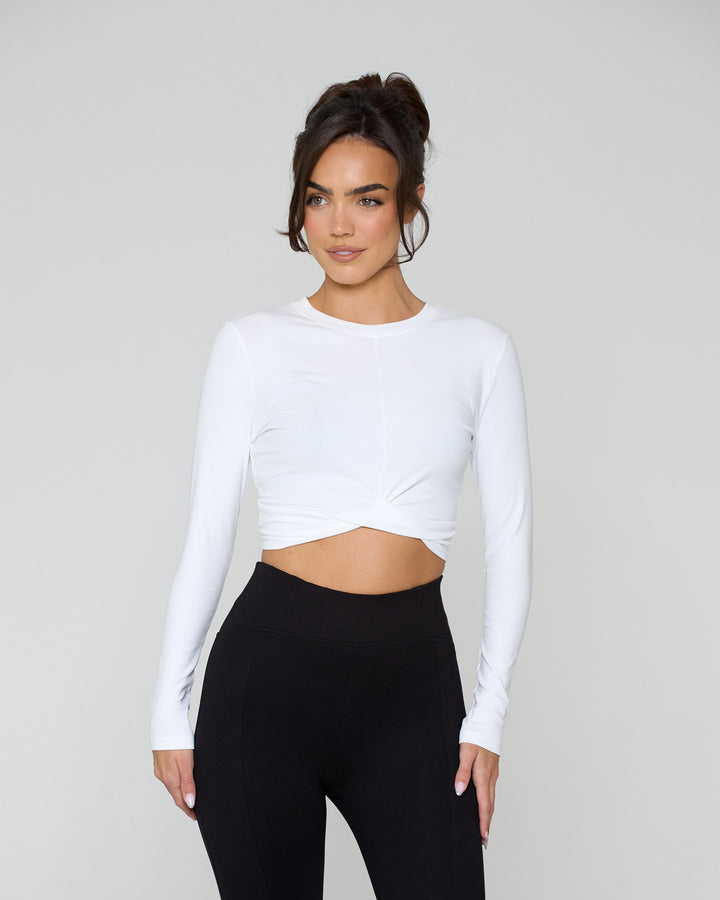 Knot Crop Long Sleeve Tee White