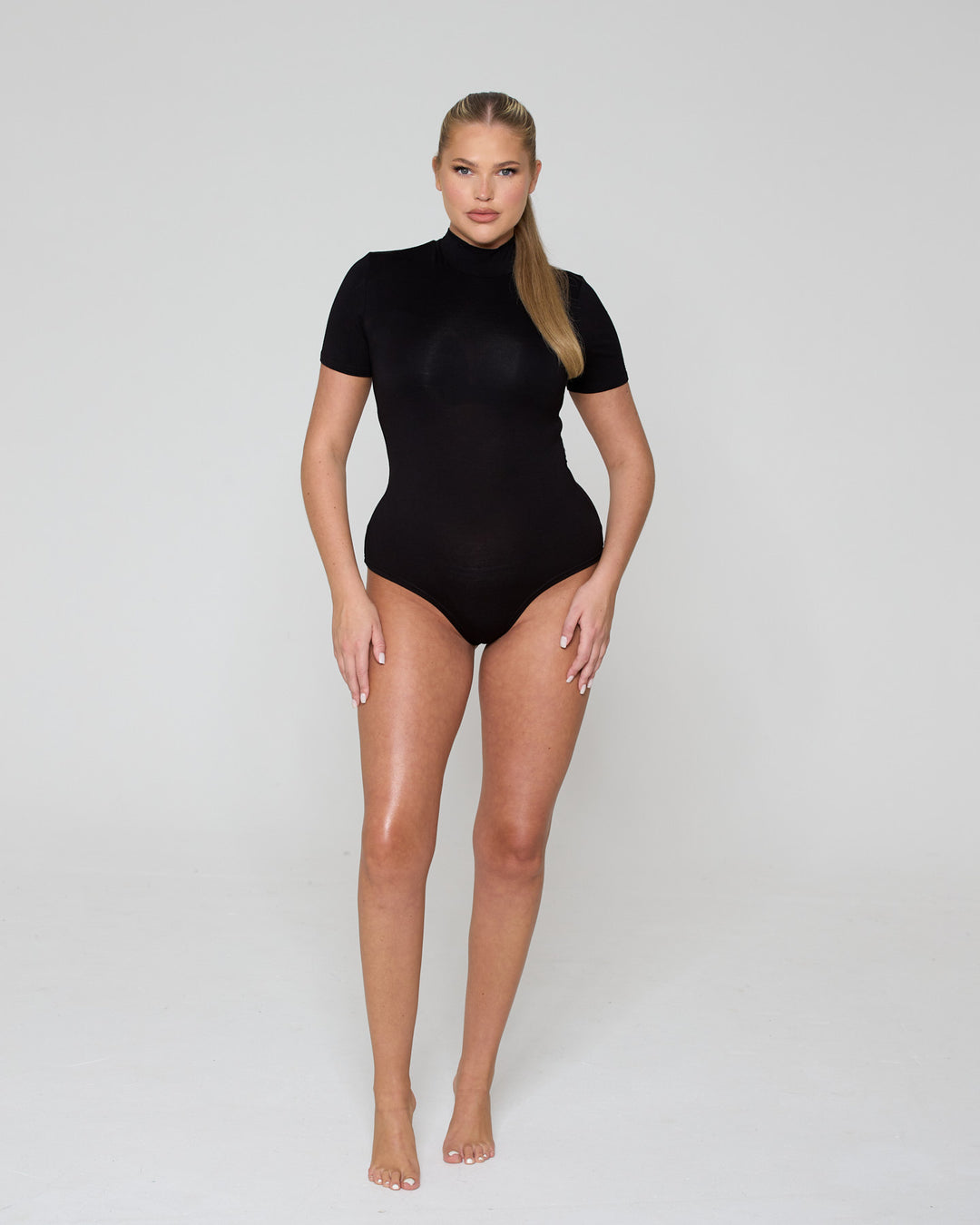 High Neck Short Sleeve Bodysuit Black