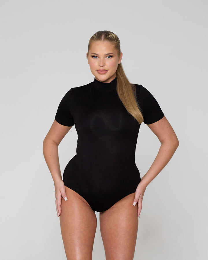 High Neck Short Sleeve Bodysuit Black