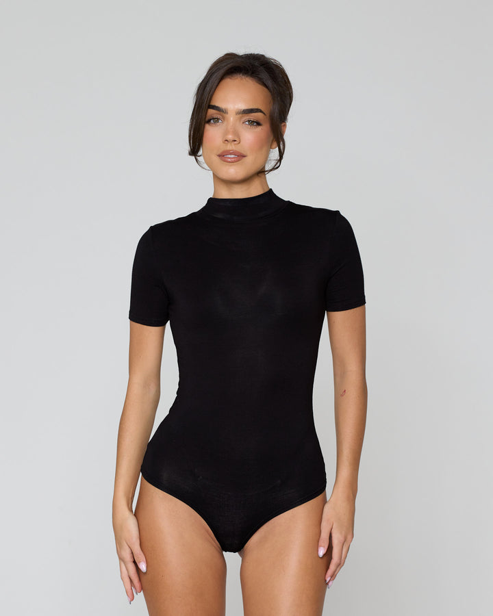 High Neck Short Sleeve Bodysuit Black