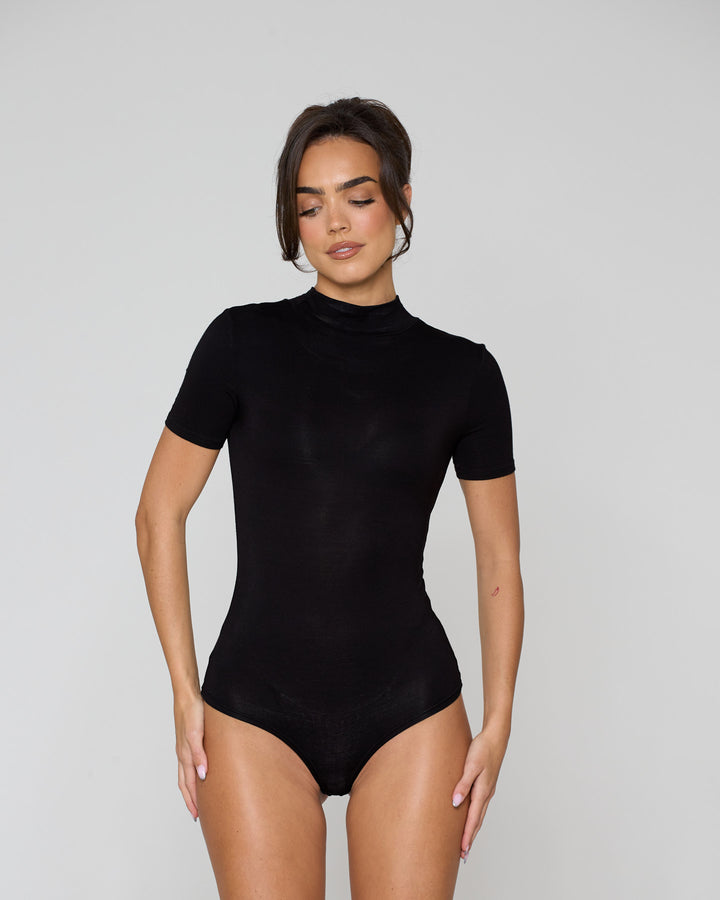 High Neck Short Sleeve Bodysuit Black