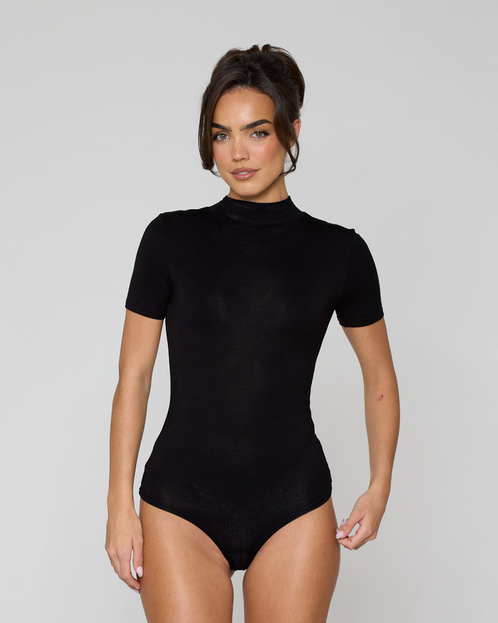 High Neck Short Sleeve Bodysuit Black