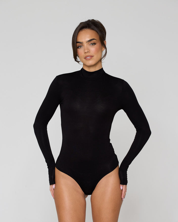 High Neck Long Sleeve Bodysuit Black