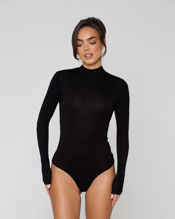 High Neck Long Sleeve Bodysuit Black