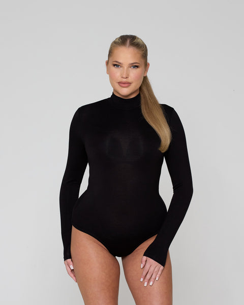 High Neck Long Sleeve Bodysuit / Black | Ruched & Ready