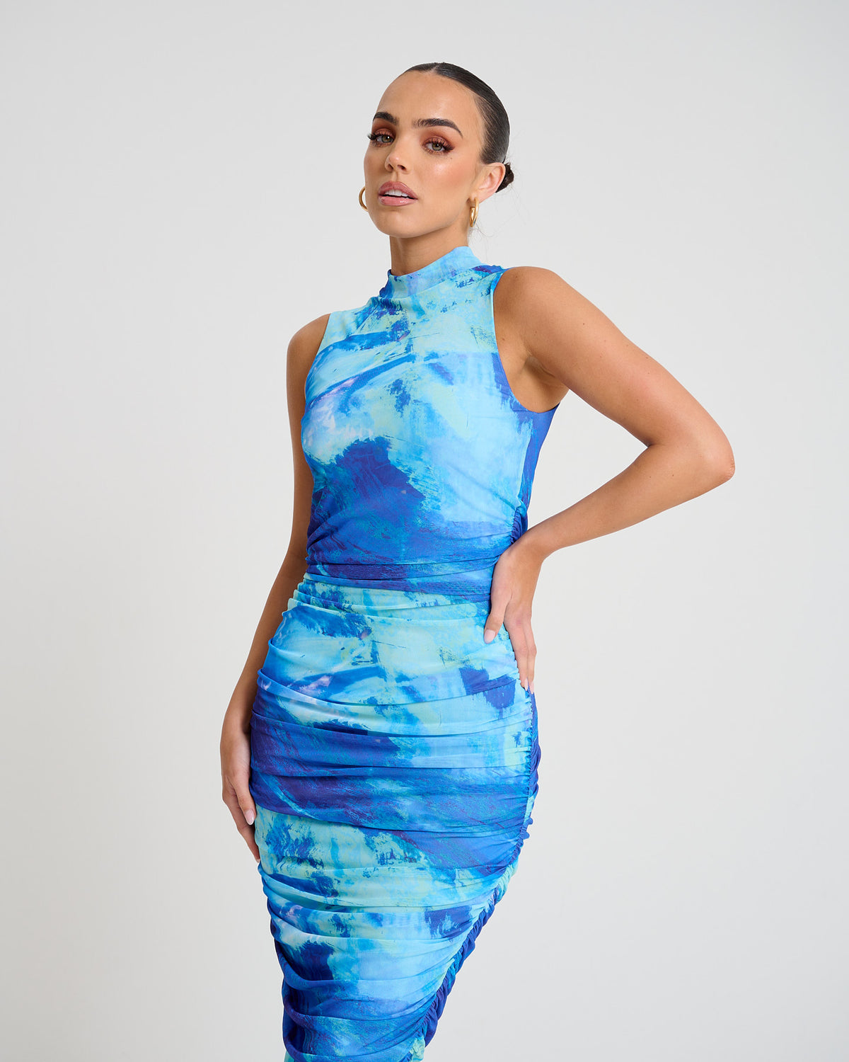Mesh Ruched Midi Blue Dress – OWN YOUR ELEGANCE